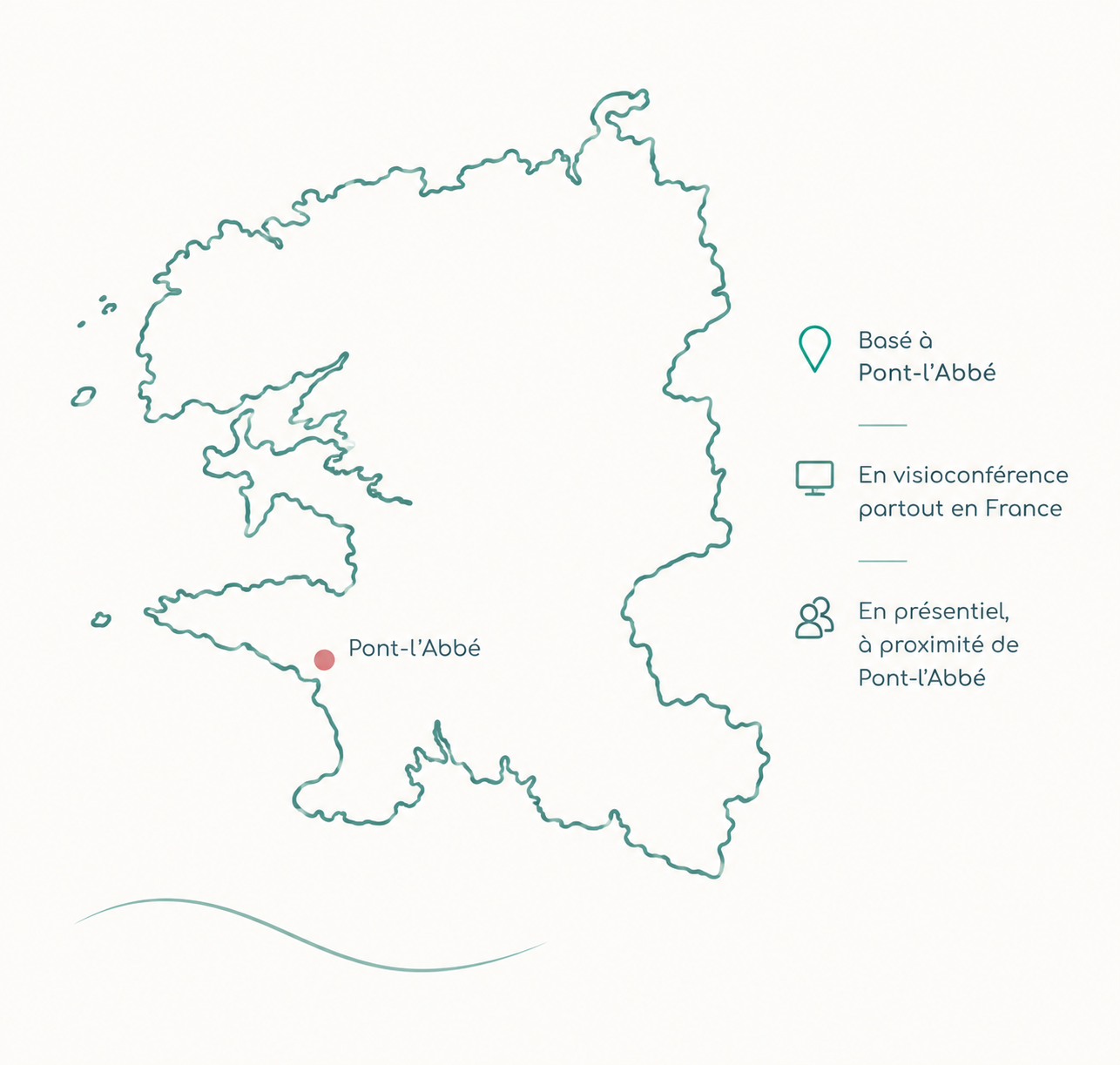 Carte du Finistère avec un repère sur Pont-l'Abbé : cabinet basé à Pont-l'Abbé, accompagnement en visioconférence partout en France et en présentiel à proximité de Pont-l'Abbé