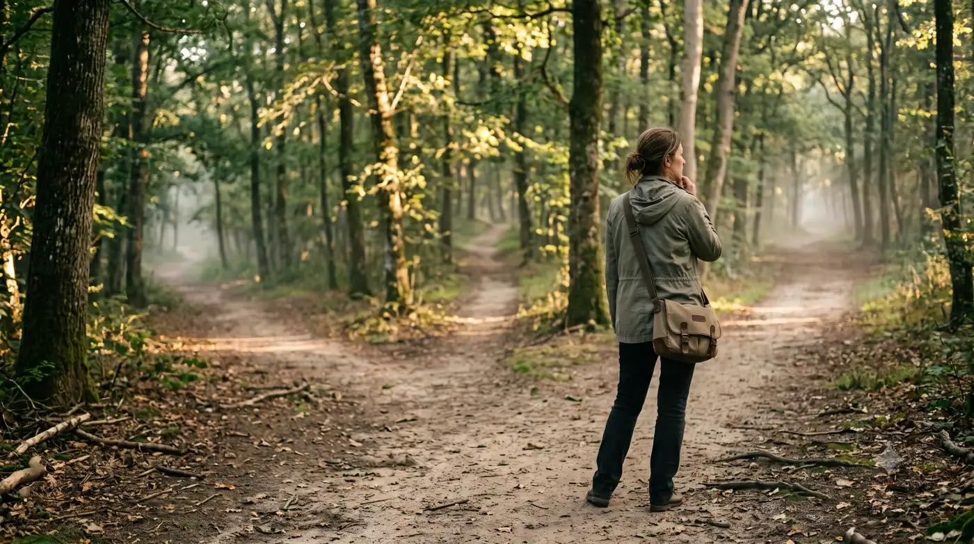 Une personne à l'embranchement de plusieurs chemins forestiers, métaphore du choix d'orientation professionnelle
